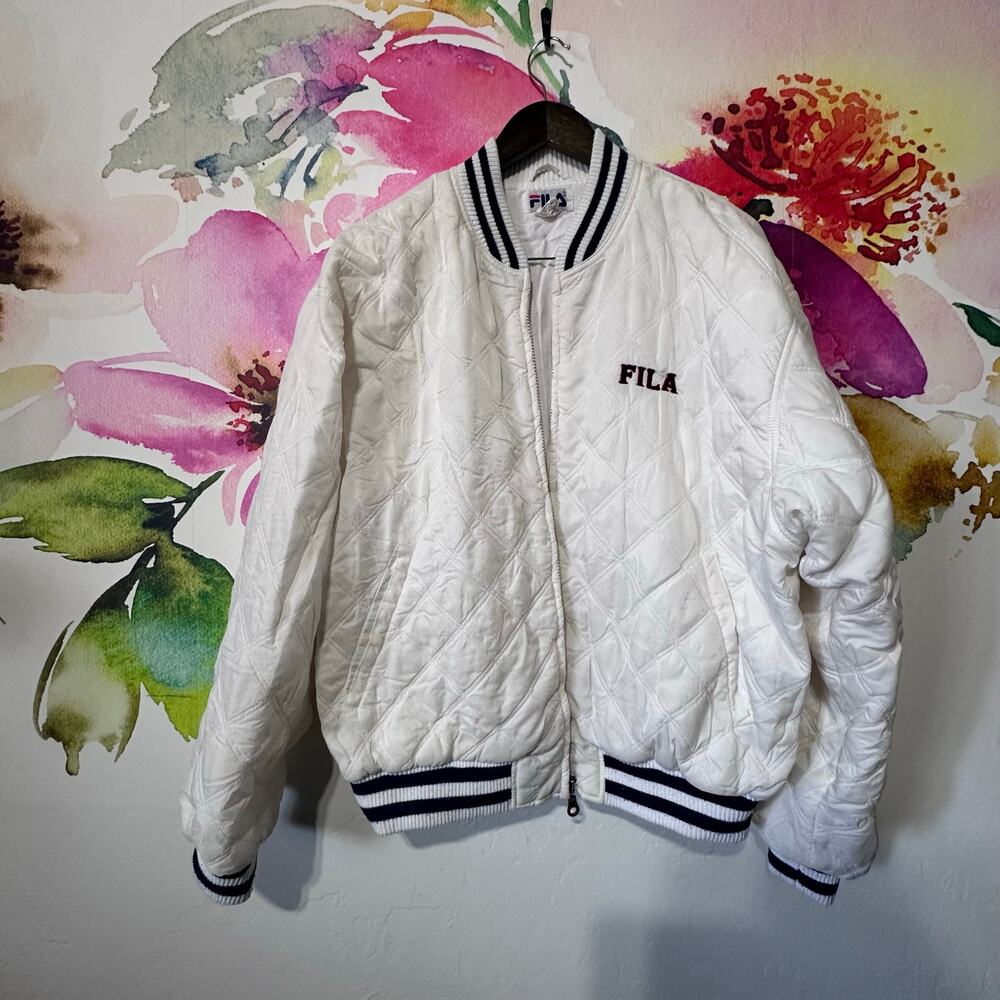 Vintage Fila Bomber Jacket Quilted Stripped Logo front and back Size XL Full Zip